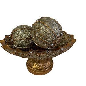 Decorative Gold Bowl With Three Glitter Embellished Orbs - Intricate Design & Rh